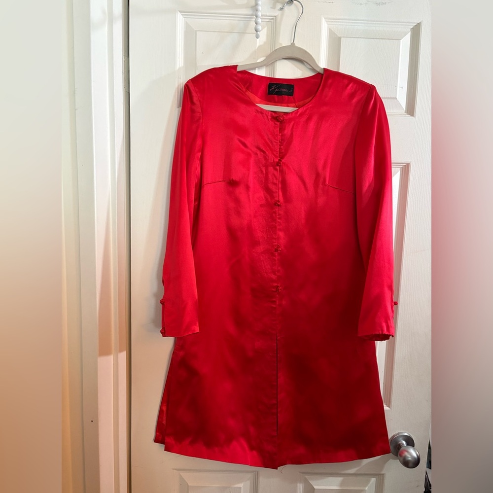 Silk Vibrant Red Satin collarless shirt coat